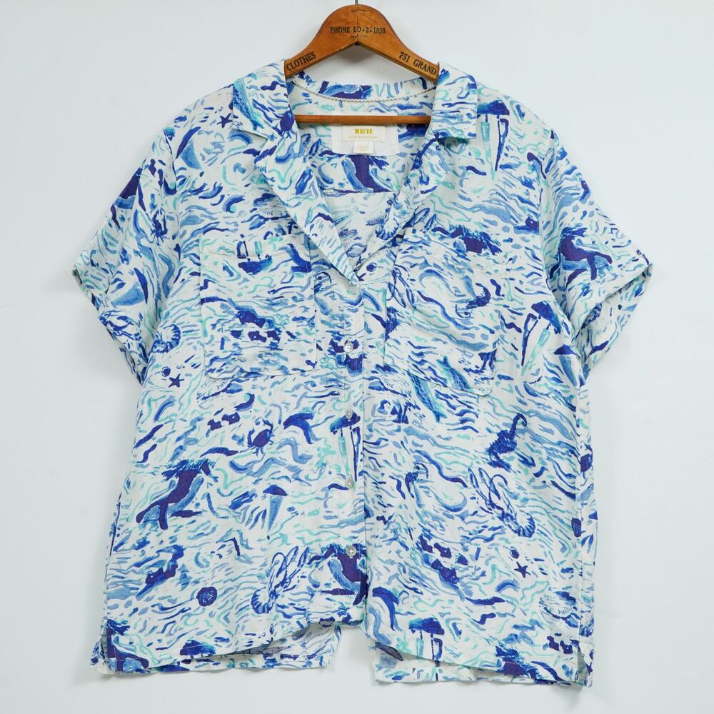 Maeve Anthropologie Classic Surf Shirt L Blue White Linen Blend Split Back